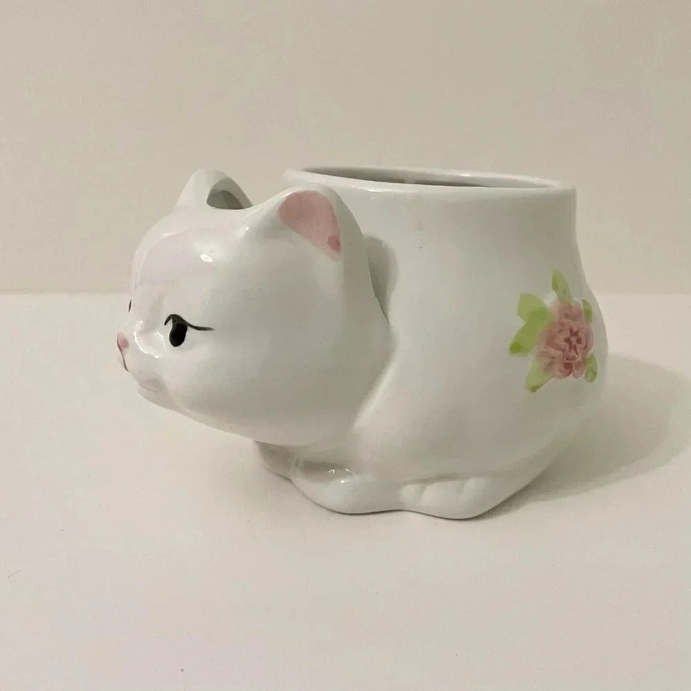 Vtg White Ceramic Kitty Cat Pink Flowers Tea Bag Holder Cup Mug Small Chip